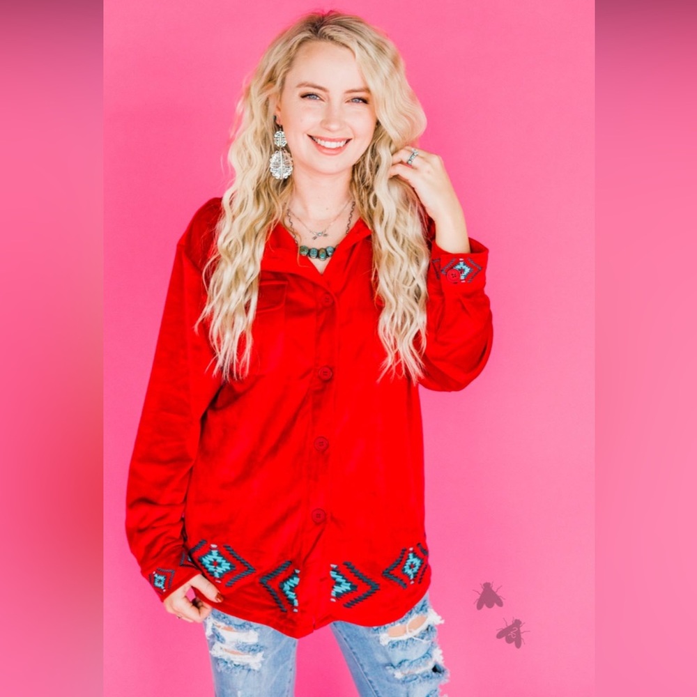 NWT! Velvet Velvedeer “The Kingman” RED Embroidered Button Up Top/Shacket! 🤩